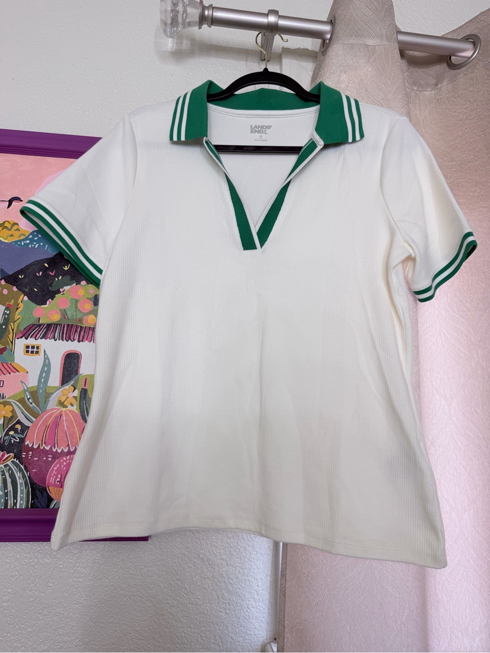 Lands' End Women's White Polo with Green Stripe Collar